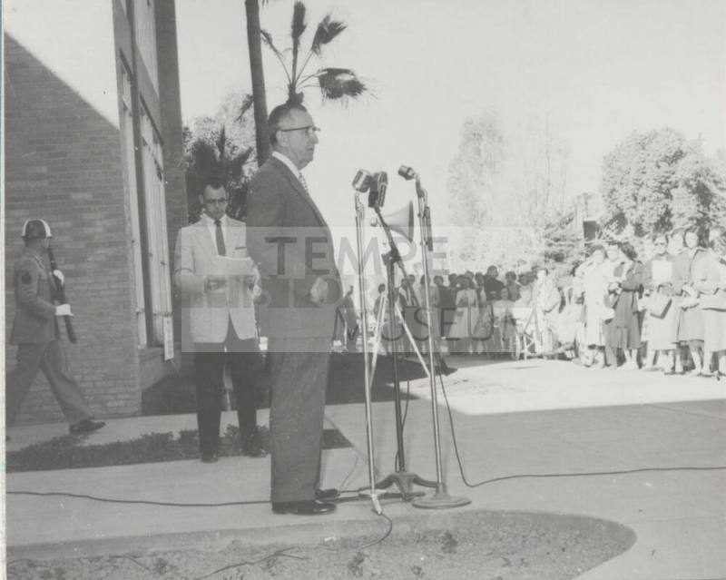 President Gammage speaks at the Memorial Union dedication at Arizona State University