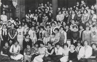 East Hall women's residents posing on west porch entrance