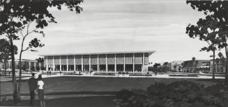 Photographic reproduction of an architectural rendering of Hayden Library