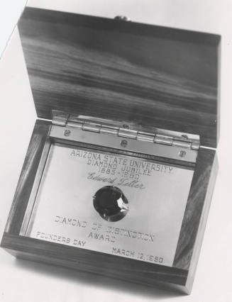 Open box showing Arizona Diamond Jubilee Award presented to Dr. Edward Teller