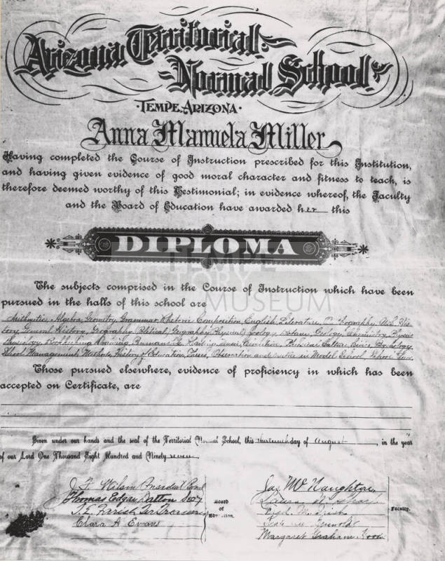 Arizona Territorial Normal School Diploma From 1897