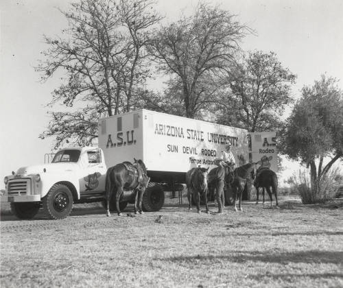 Horses and Riders by an Arizona State University Sun Devil Rodeo Truck