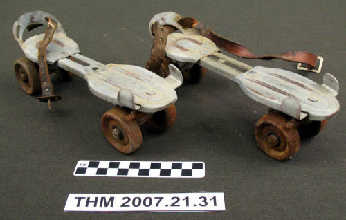 Clamp-on, adjustable roller skates.