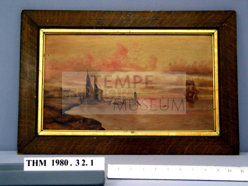 Painting of harbor scene, with frame