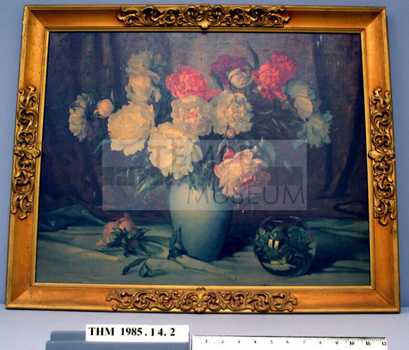Bowl of peonies with goldfish bowl painting