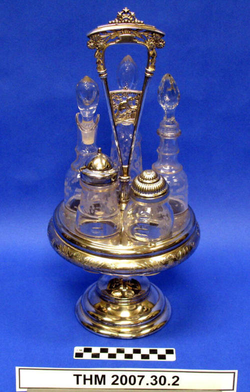 Silver, Turn-around Cruet/Condiment Set with Crystal Bottles.