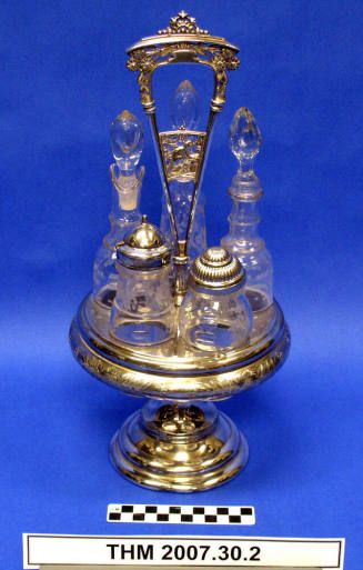 Silver, Turn-around Cruet/Condiment Set with Crystal Bottles.
