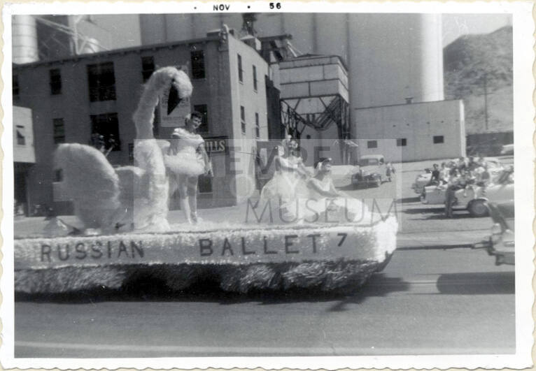 Parade float on Mill Avenue, "Russian Ballet" theme, Arizona State College Homecoming 1956