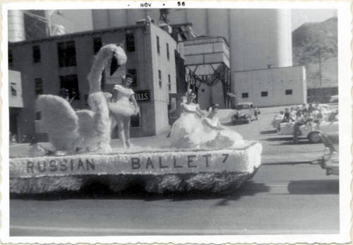Parade float on Mill Avenue, "Russian Ballet" theme, Arizona State College Homecoming 1956