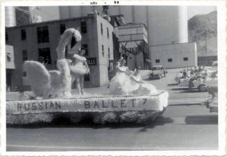 Parade float on Mill Avenue, "Russian Ballet" theme, Arizona State College Homecoming 1956