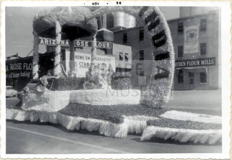 Parade float on Mill Avenue, India theme, Arizona State College Homecoming 1956