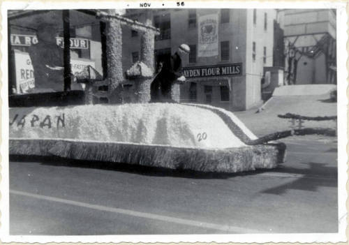 Parade float on Mill Avenue, "Japan" theme, Arizona State College Homecoming 1956