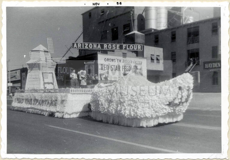 Parade float on Mill Avenue, Hollan theme, Arizona State College Homecoming 1956