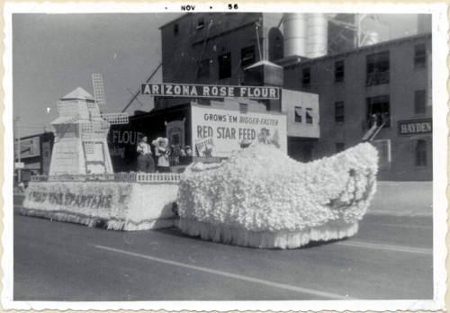 Parade float on Mill Avenue, Hollan theme, Arizona State College Homecoming 1956