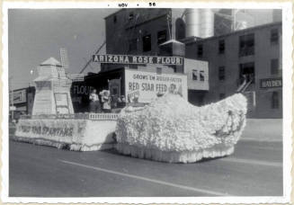 Parade float on Mill Avenue, Hollan theme, Arizona State College Homecoming 1956