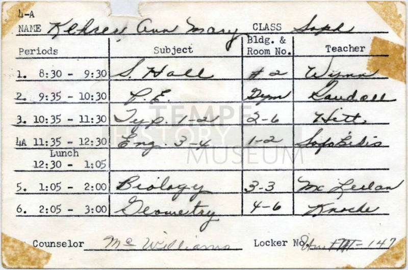 Tempe High School schedule card - Ann Kehrer