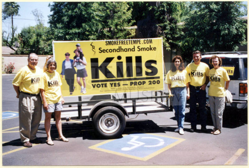 Trailer Mobile Prop 200 Sign with Don Morris, Ann Robb, the Holzapfels and Pat Morris.