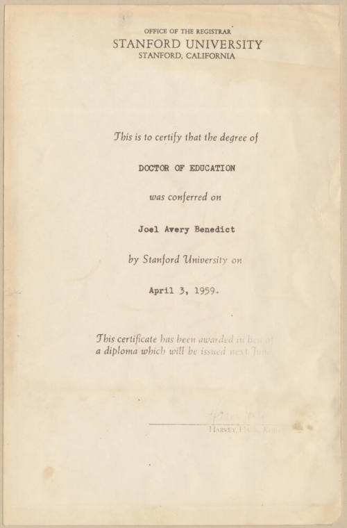 Doctor of Education Certificate, Stanford University, Joel Avery Benedict