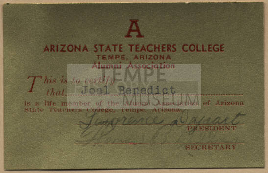 AZ State Teachers College Alumni Association Membership Card, Joel Benedict