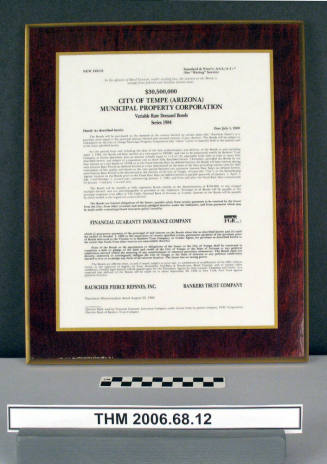 $30,500,000 City of Tempe Municipal Property Corporation Variable Rate Demand Bonds 1985 Announcement Plaque.