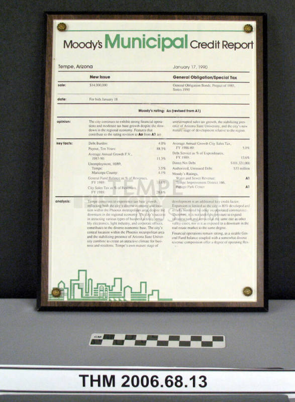 Moody's Municipal Credit Report, Tempe, AZ, 1990, General Obligation Bonds of 1985, January 1990, Announcement Plaque.