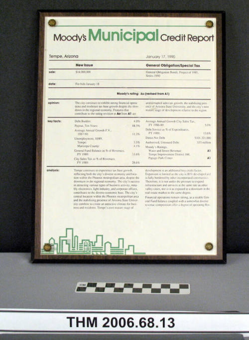 Moody's Municipal Credit Report, Tempe, AZ, 1990, General Obligation Bonds of 1985, January 1990, Announcement Plaque.