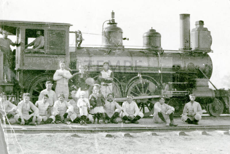 OS-156   Football Team and Train Engine 'Mesa City.'