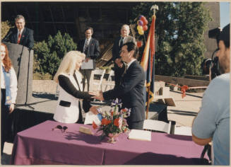 Mayor Neil Giuliano Shakes Citizen's Hand at Tempe's 125th Anniversary Event Presentation at City Hall.