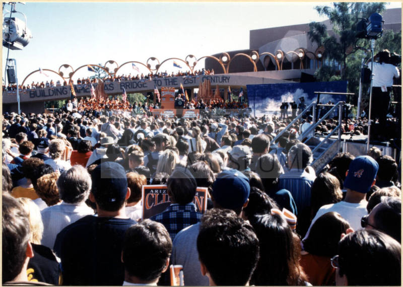 Photo of President Clinton Speaking at 1996 Presidential Campaign Visit Ouside of Gammage Auditorium.