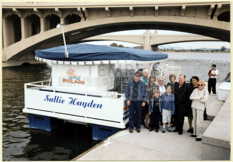 Group photo including Hayden family during the christening of the Sallie Hayden boat on Tempe Town Lake.