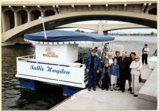 Group photo including Hayden family during the christening of the Sallie Hayden boat on Tempe Town Lake.