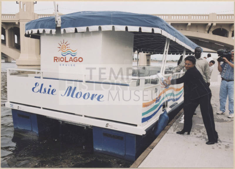Photo of christening of the Elsie Moore boat on Tempe Town Lake.