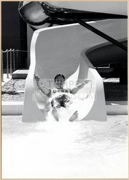 Photo of Mayor Giuliano on water slide, Escalante Community Center Dedication.