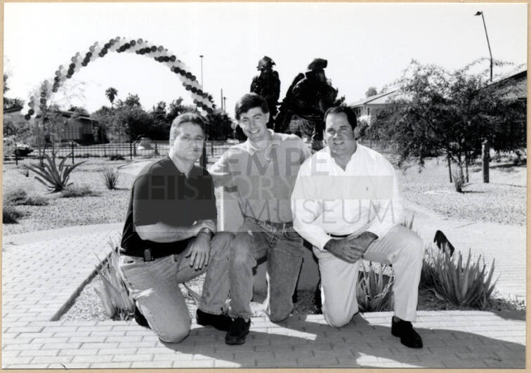 Black and white photograph of Hugh Hallman, Richard Worth and another man at Fire Prevention Day