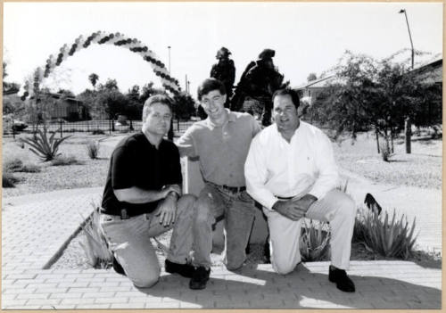 Black and white photograph of Hugh Hallman, Richard Worth and another man at Fire Prevention Day
