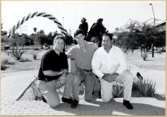 Black and white photograph of Hugh Hallman, Richard Worth and another man at Fire Prevention Day