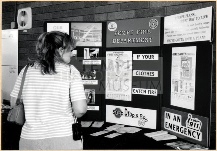 Black and white photograph of Tempe Fire Department exhibit at Fire Prevention Day.