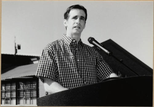 Black and white photograph of Mayor Niel Giuliano at dedication of Apache Blvd. Fire Station