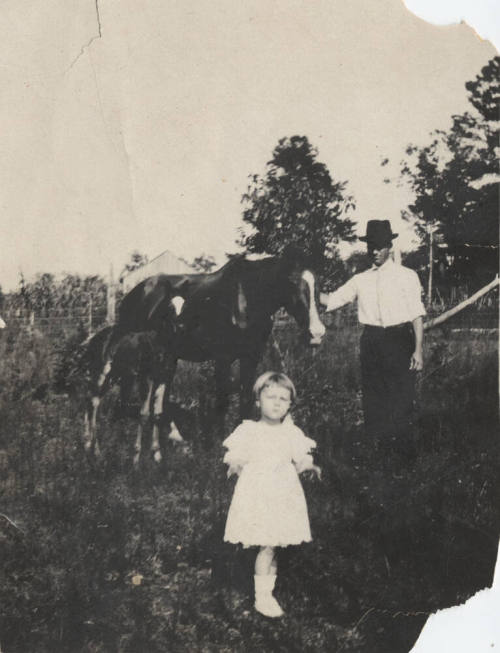 Young Girl and Father Standing in with Family Horse and Foal