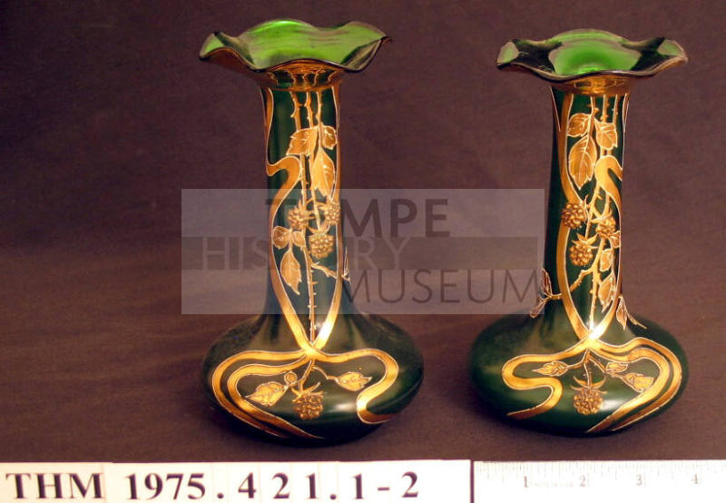 Bud Vase, Matched Pair green and gold art deco