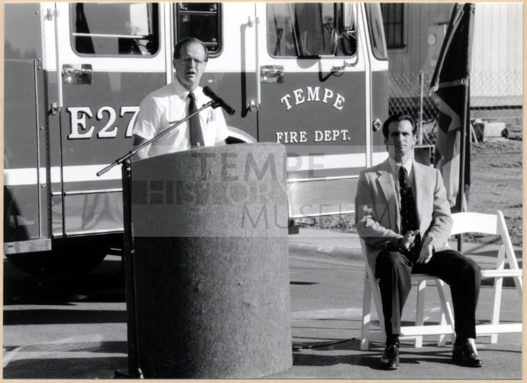 Black and white photograph of Cliff Jones and Niel Giulino at Fire Station ground breaking
