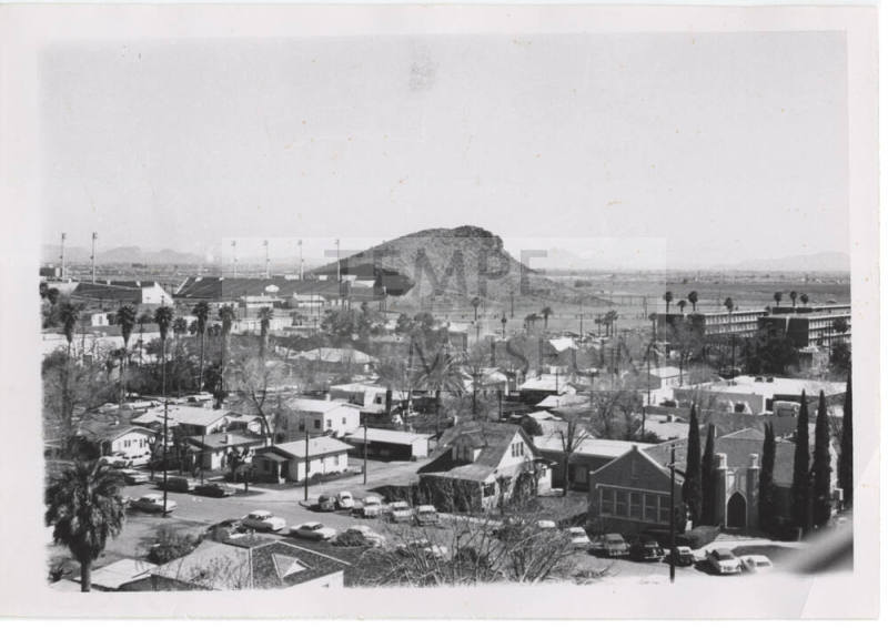 Photograph, residential neighborhood with Tempe Butte and Sun Devil Stadium