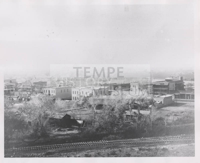 Photograph, railroad track with Tempe's Mill Avenue in background