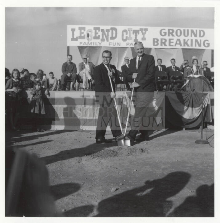Photograph, Louis Crandall and another man at the groundbreaking of Legend City
