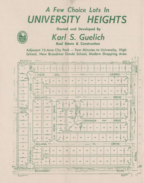 Advertisement for the subdivisions of Broadmor Vista, Broadmor Estates, and University Heights