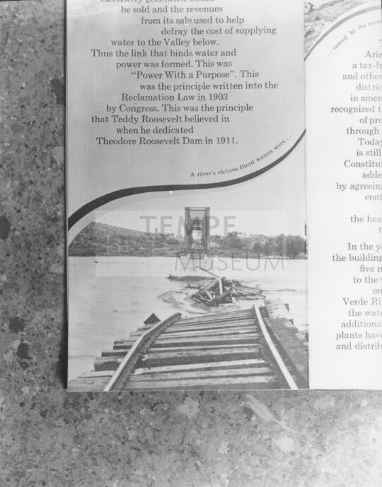 Railroad bridge washed out by a flooded river
