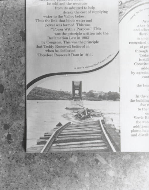 Railroad bridge washed out by a flooded river