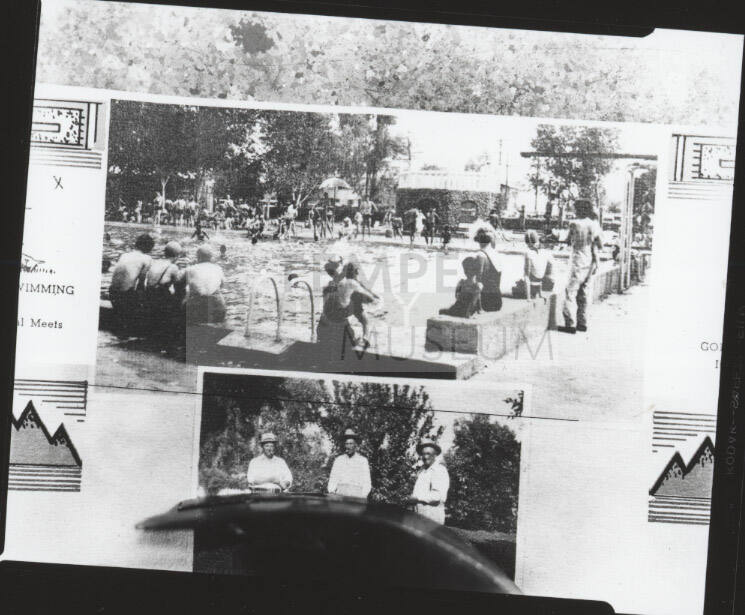Two photos: Tempe Beach swimming pool and group photo 3 men