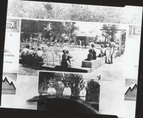 Two photos: Tempe Beach swimming pool and group photo 3 men