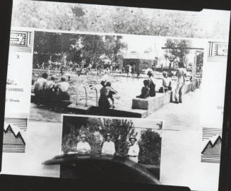 Two photos: Tempe Beach swimming pool and group photo 3 men